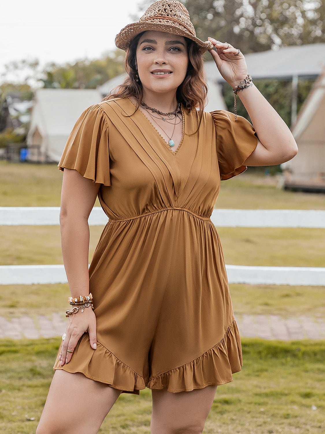 Plus Size Ruffled V-Neck Short Sleeve Romper with Buttons.