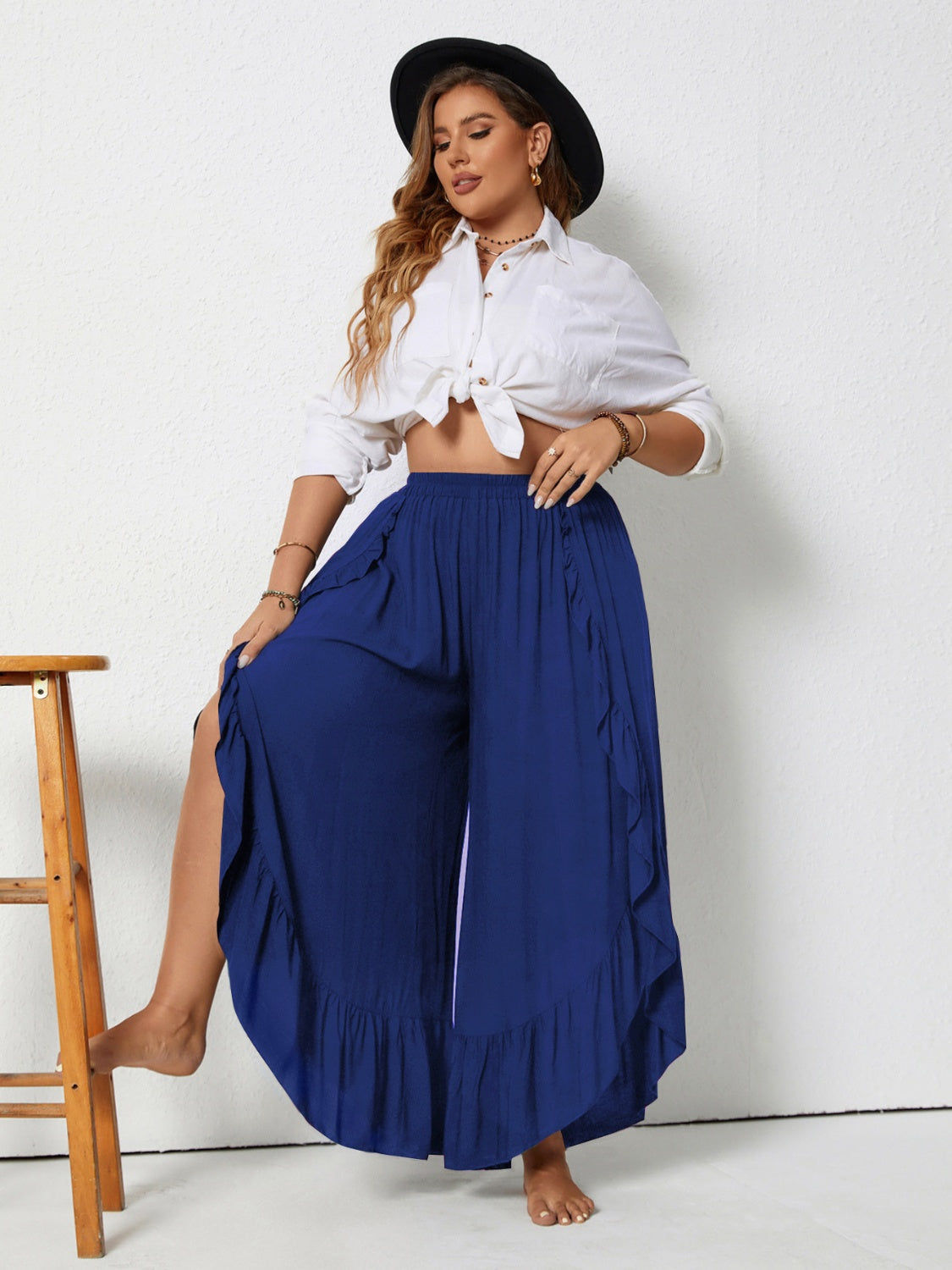 Plus size ruffled wide leg pants with slit, opaque.