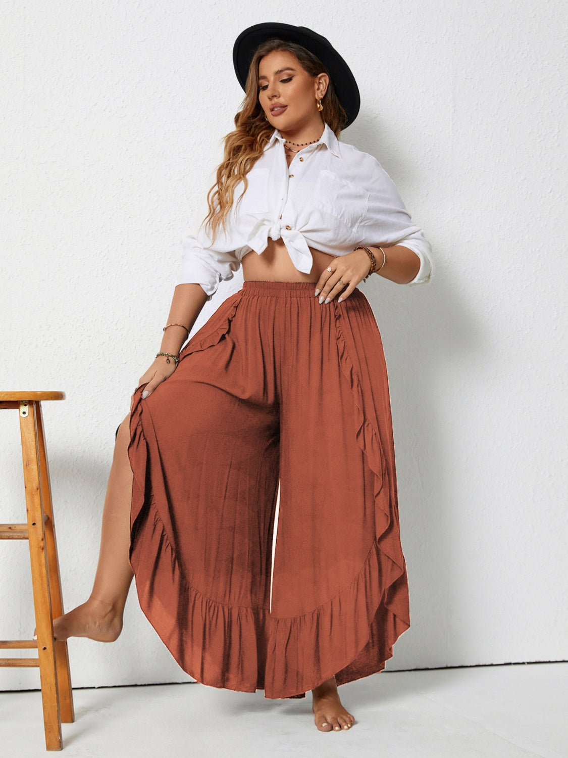 Plus size ruffled wide leg pants with slit, opaque.