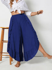 Plus size ruffled wide leg pants with slit, opaque.
