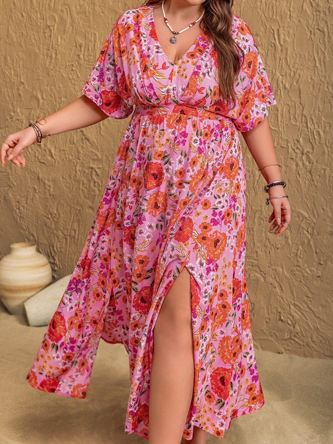 Plus Size Slit Floral V-Neck Half Sleeve Maxi Dress.