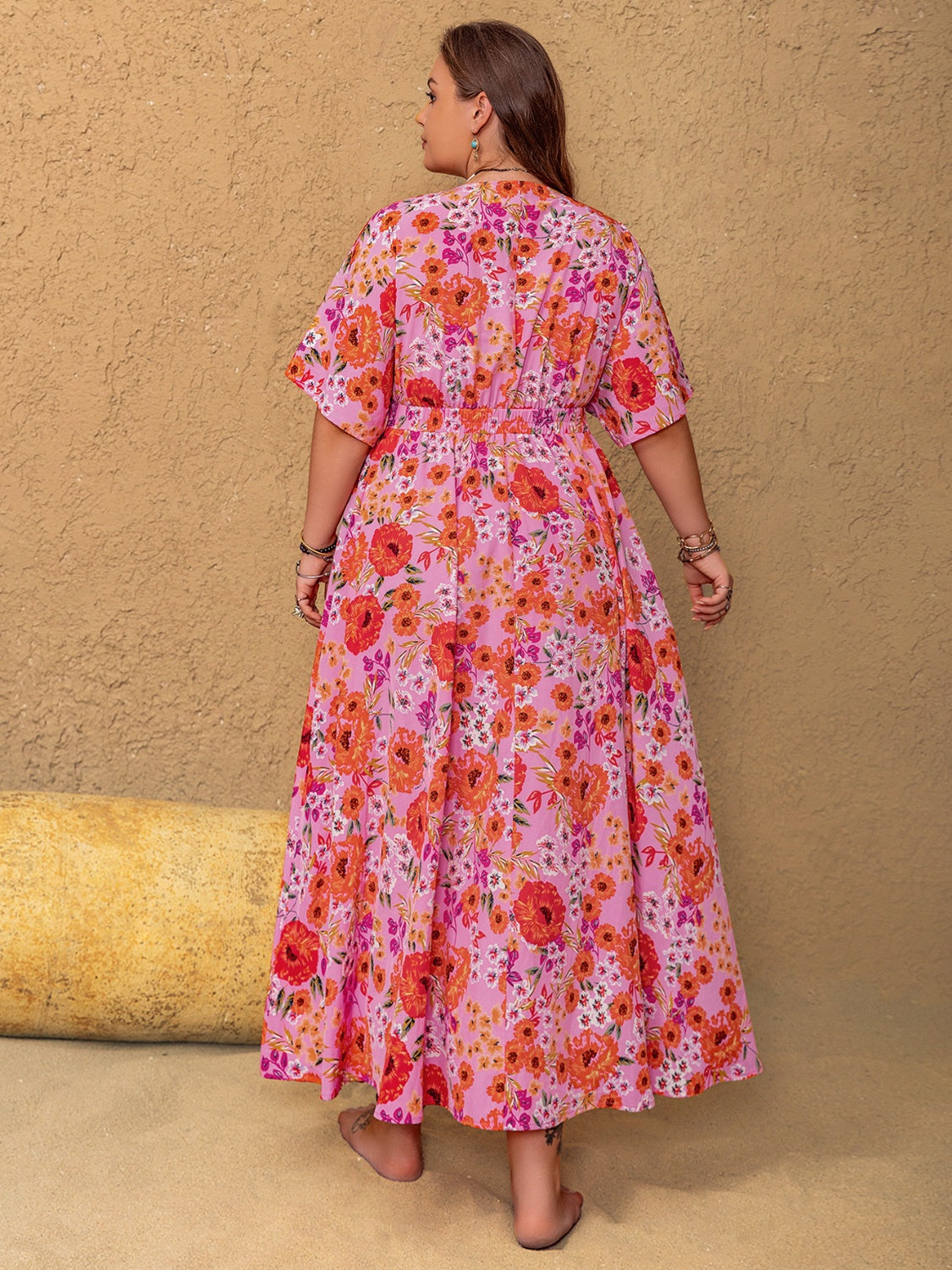 Plus Size Slit Floral V-Neck Half Sleeve Maxi Dress.