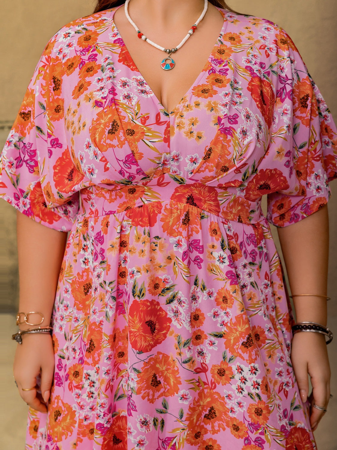 Plus Size Slit Floral V-Neck Half Sleeve Maxi Dress.