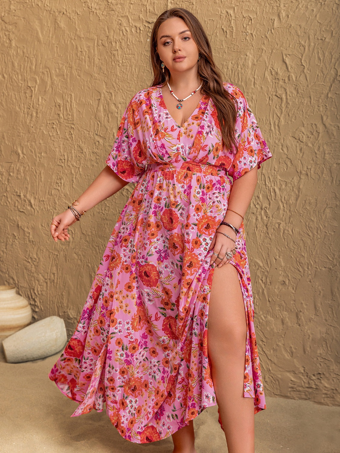 Plus Size Slit Floral V-Neck Half Sleeve Maxi Dress.