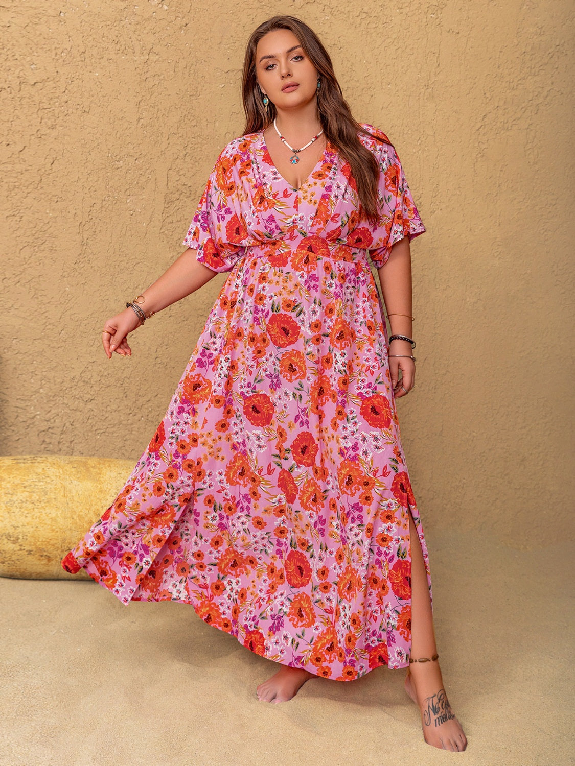 Plus Size Slit Floral V-Neck Half Sleeve Maxi Dress.