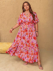 Plus Size Slit Floral V-Neck Half Sleeve Maxi Dress.