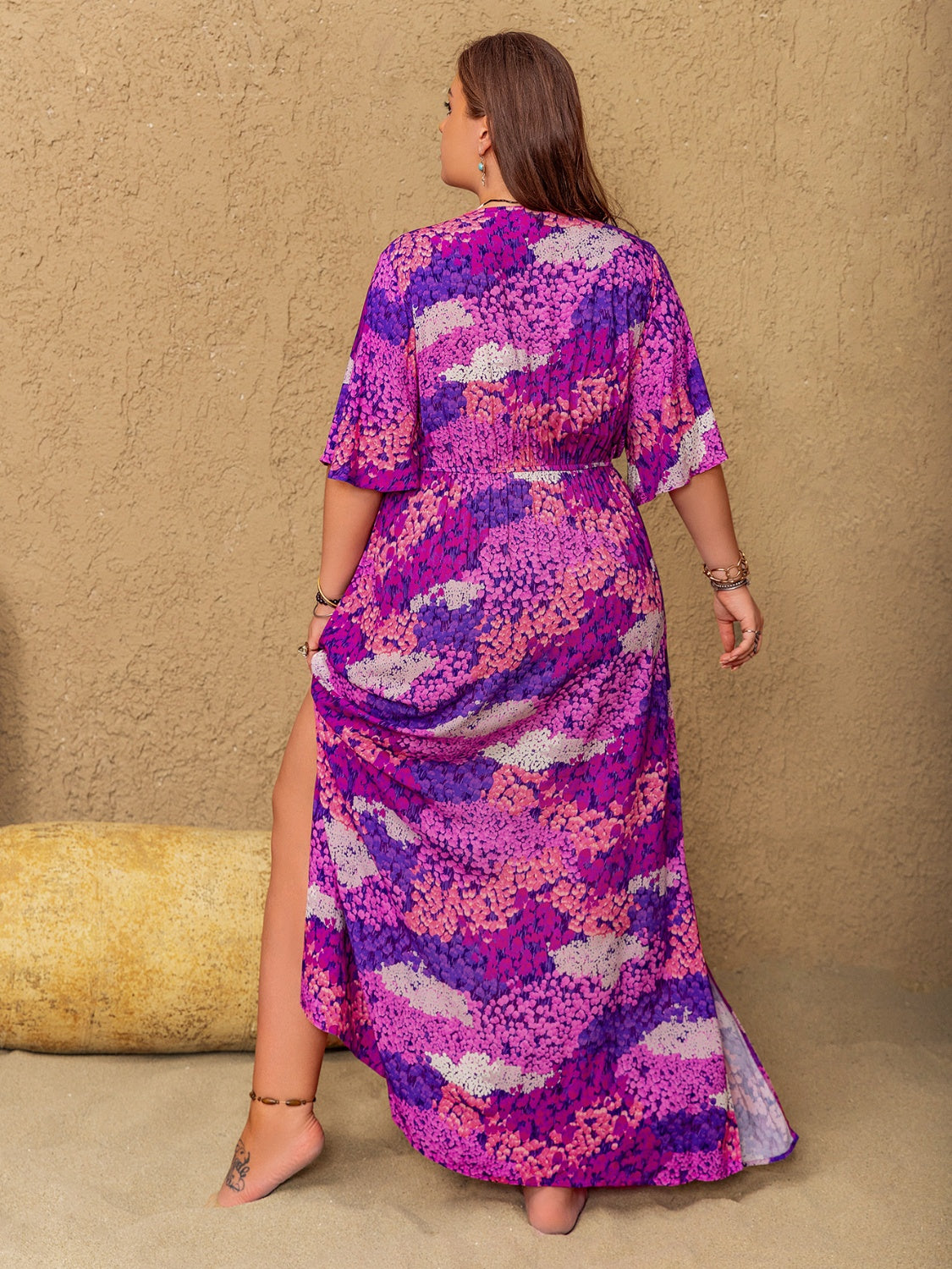 Plus Size Slit Printed Half Sleeve Maxi Dress.
