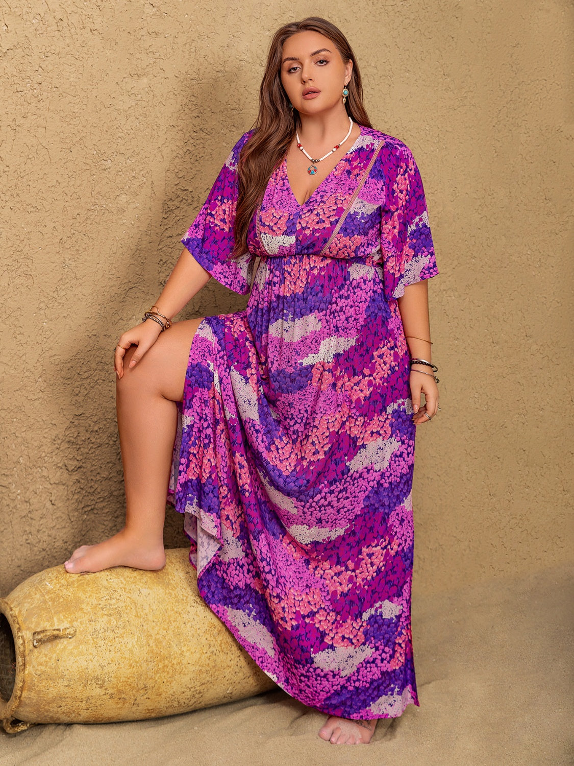 Plus Size Slit Printed Half Sleeve Maxi Dress.
