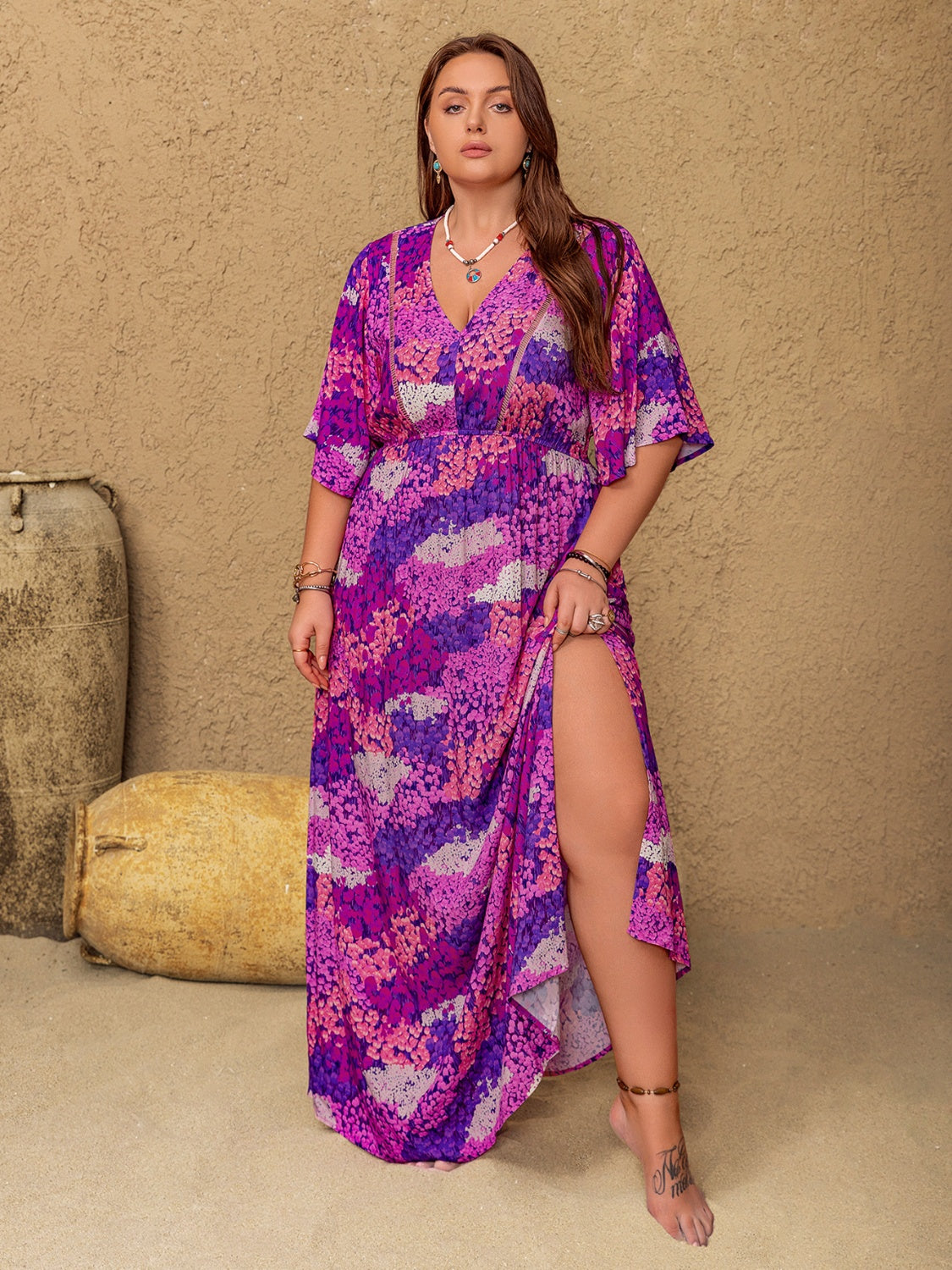 Plus Size Slit Printed Half Sleeve Maxi Dress.