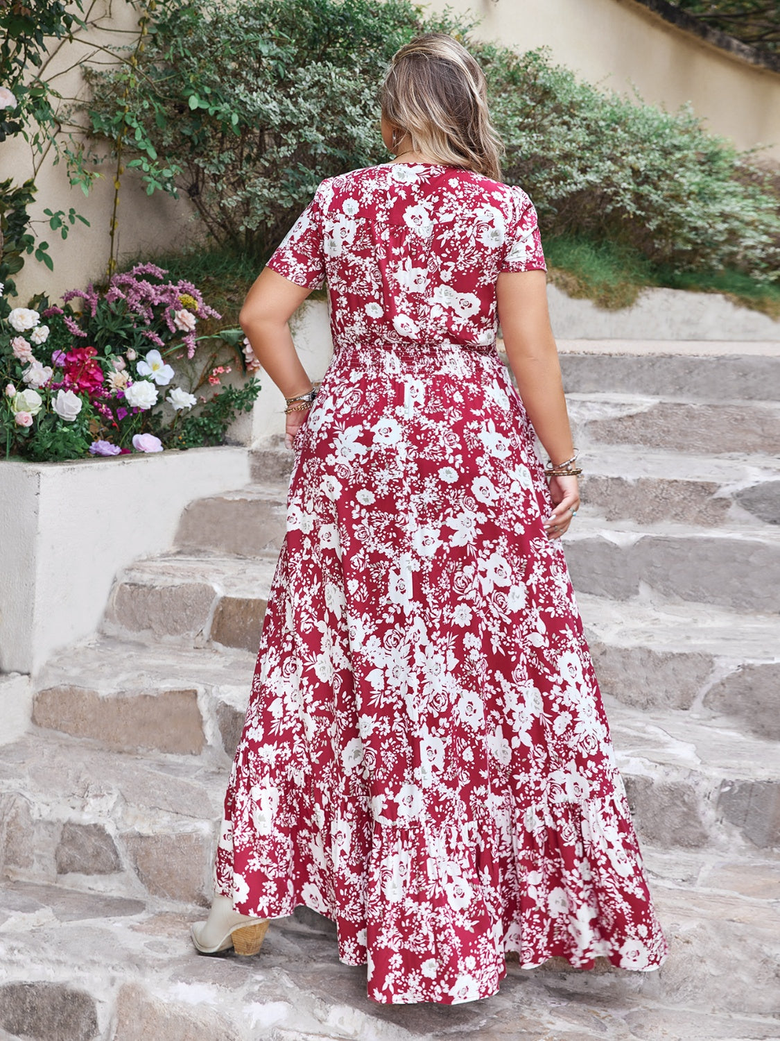 Plus Size Slit Printed V-Neck Maxi Dress.