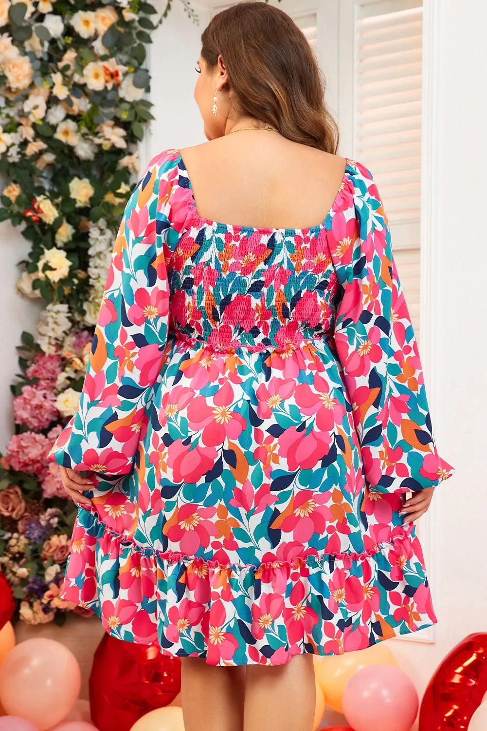 Plus Size Smocked Floral Square Neck Balloon Sleeve Dress.