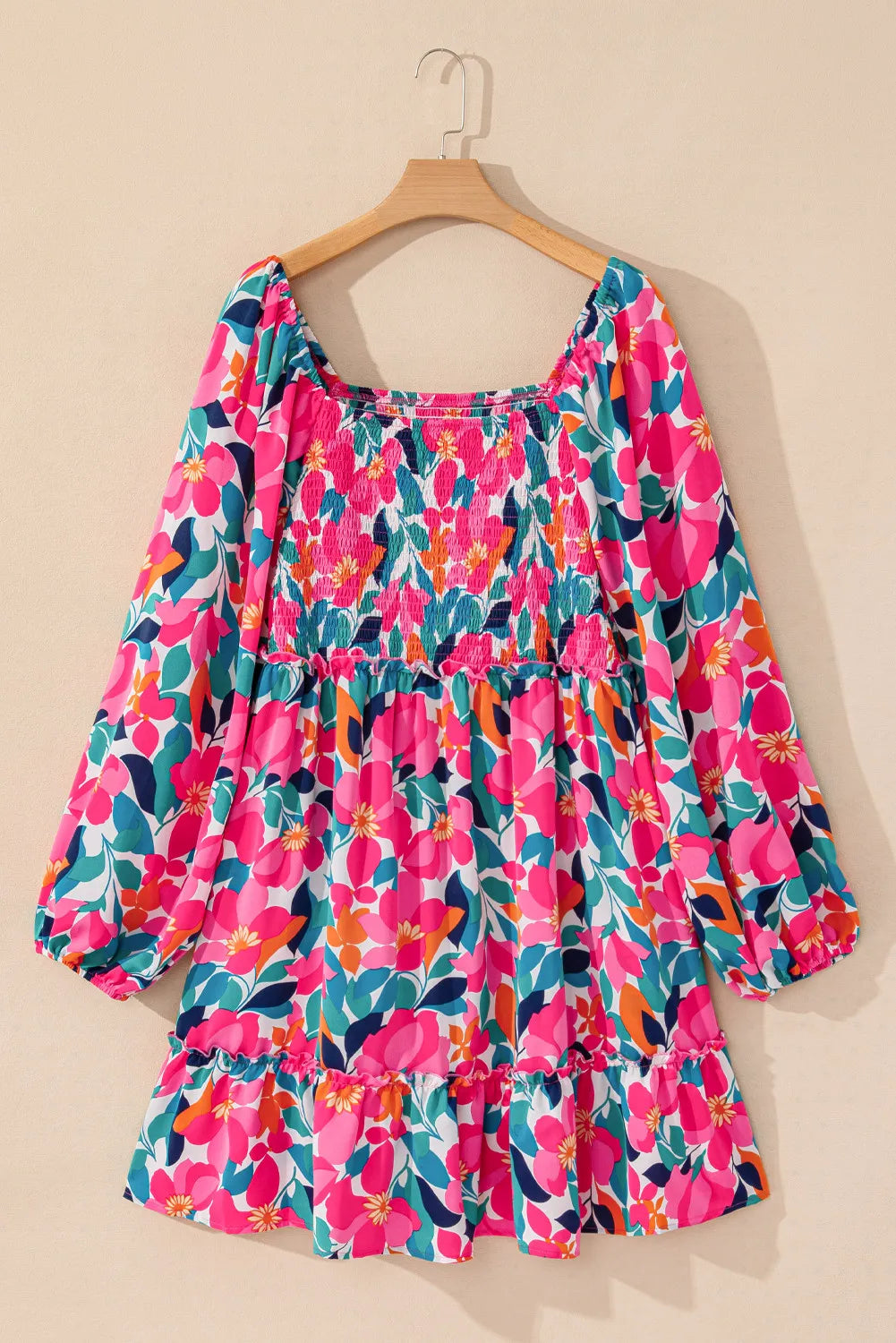 Plus Size Smocked Floral Square Neck Balloon Sleeve Dress.