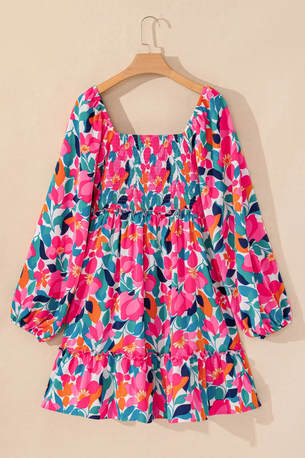 Plus Size Smocked Floral Square Neck Balloon Sleeve Dress.