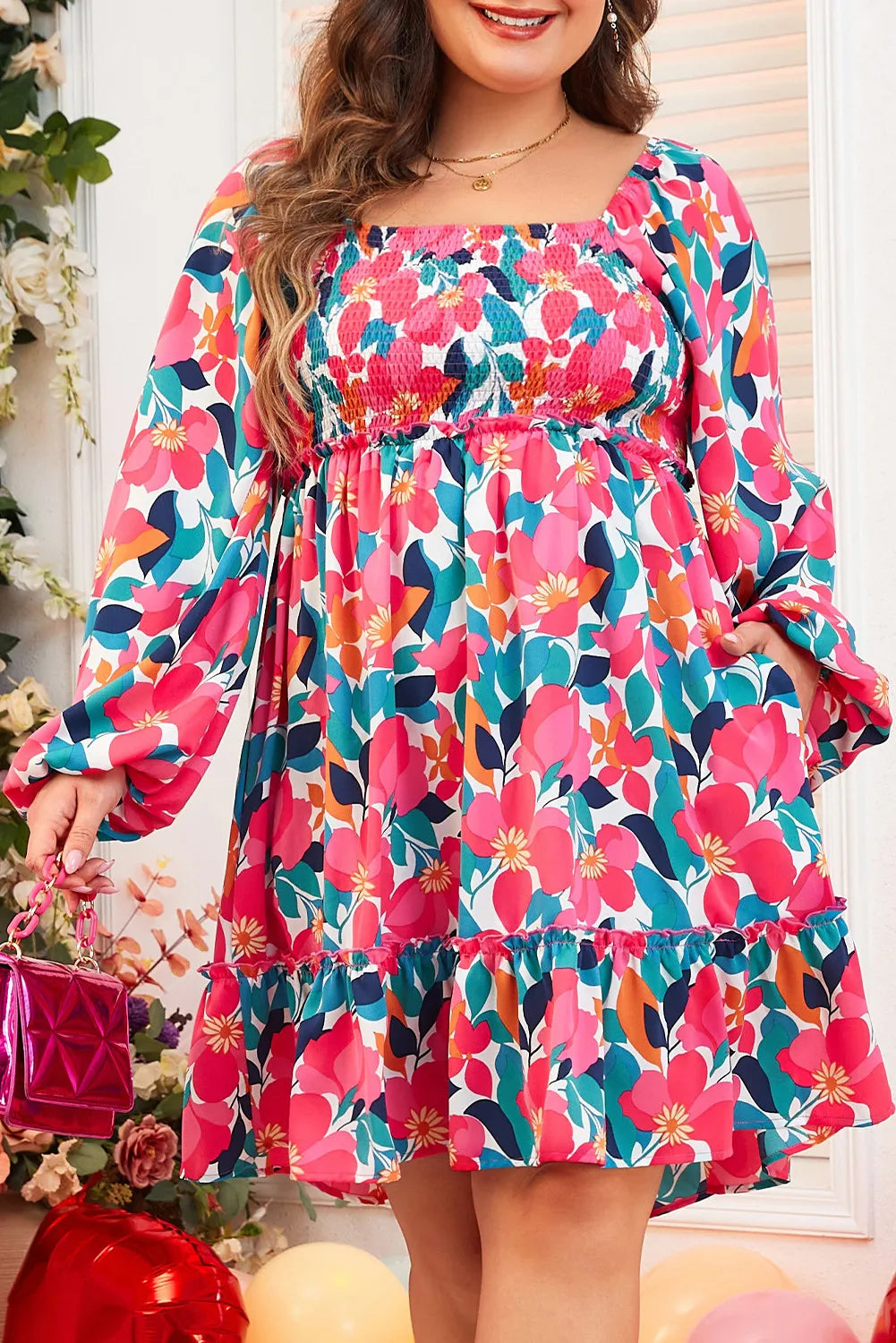 Plus Size Smocked Floral Square Neck Balloon Sleeve Dress.