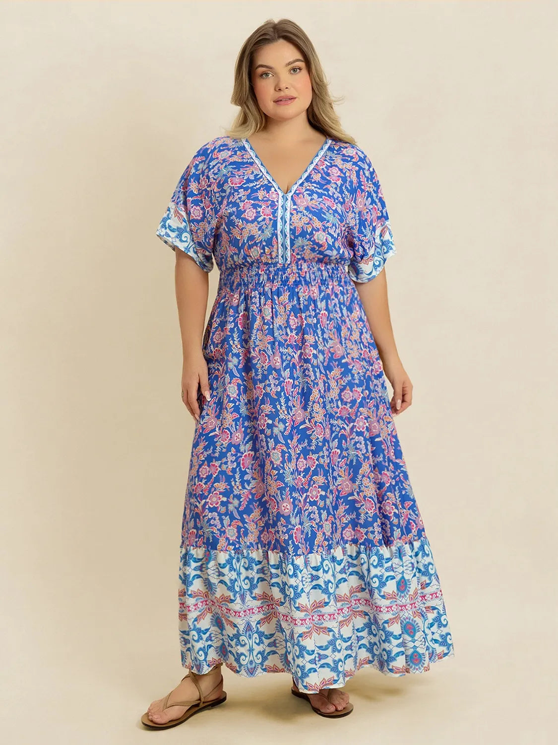 Plus Size Smocked Printed Half Sleeve Midi Dress.