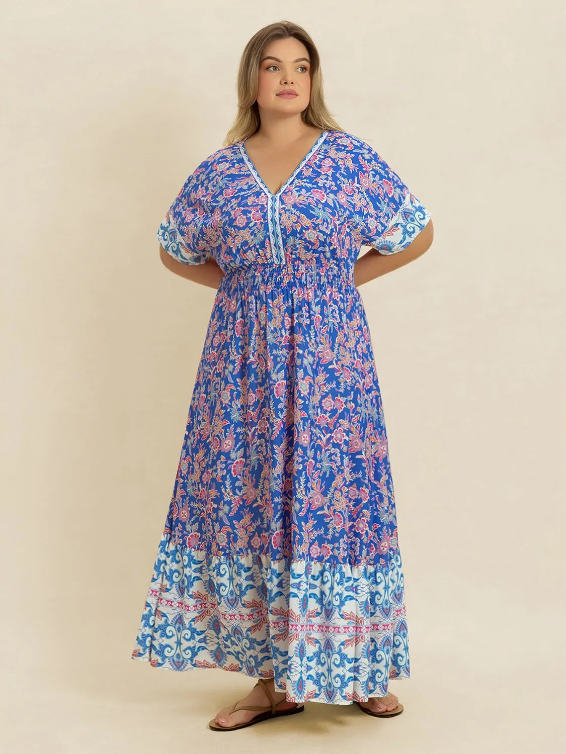 Plus Size Smocked Printed Half Sleeve Midi Dress.