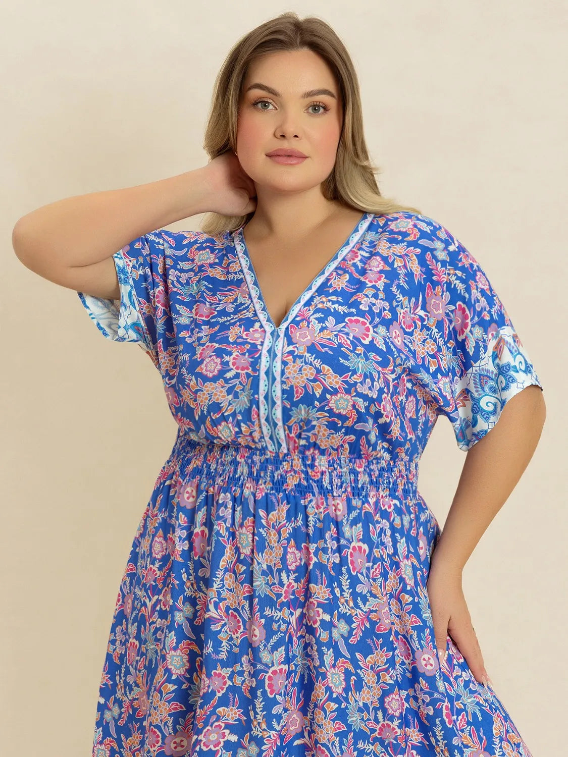 Plus Size Smocked Printed Half Sleeve Midi Dress.