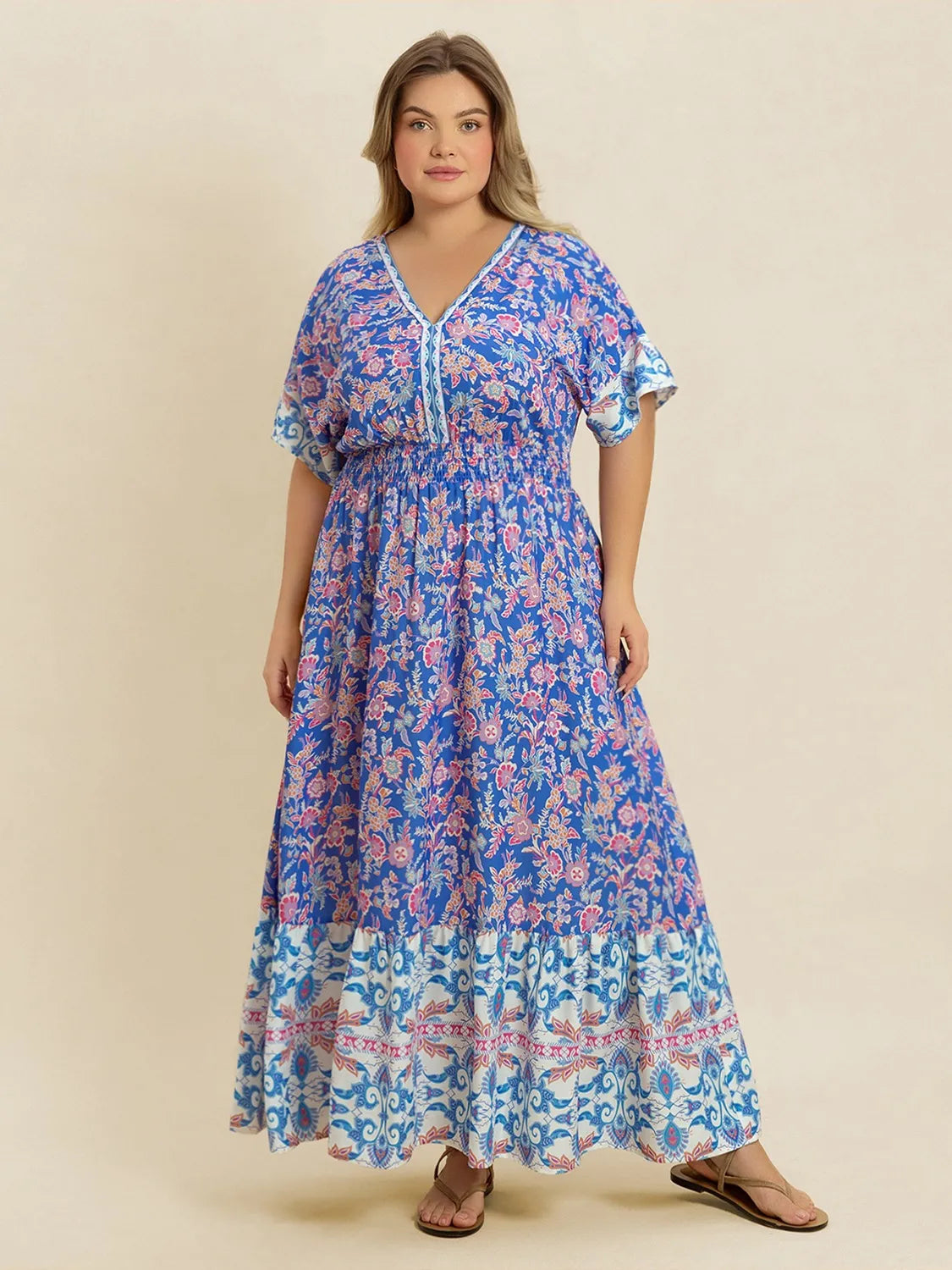 Plus Size Smocked Printed Half Sleeve Midi Dress.
