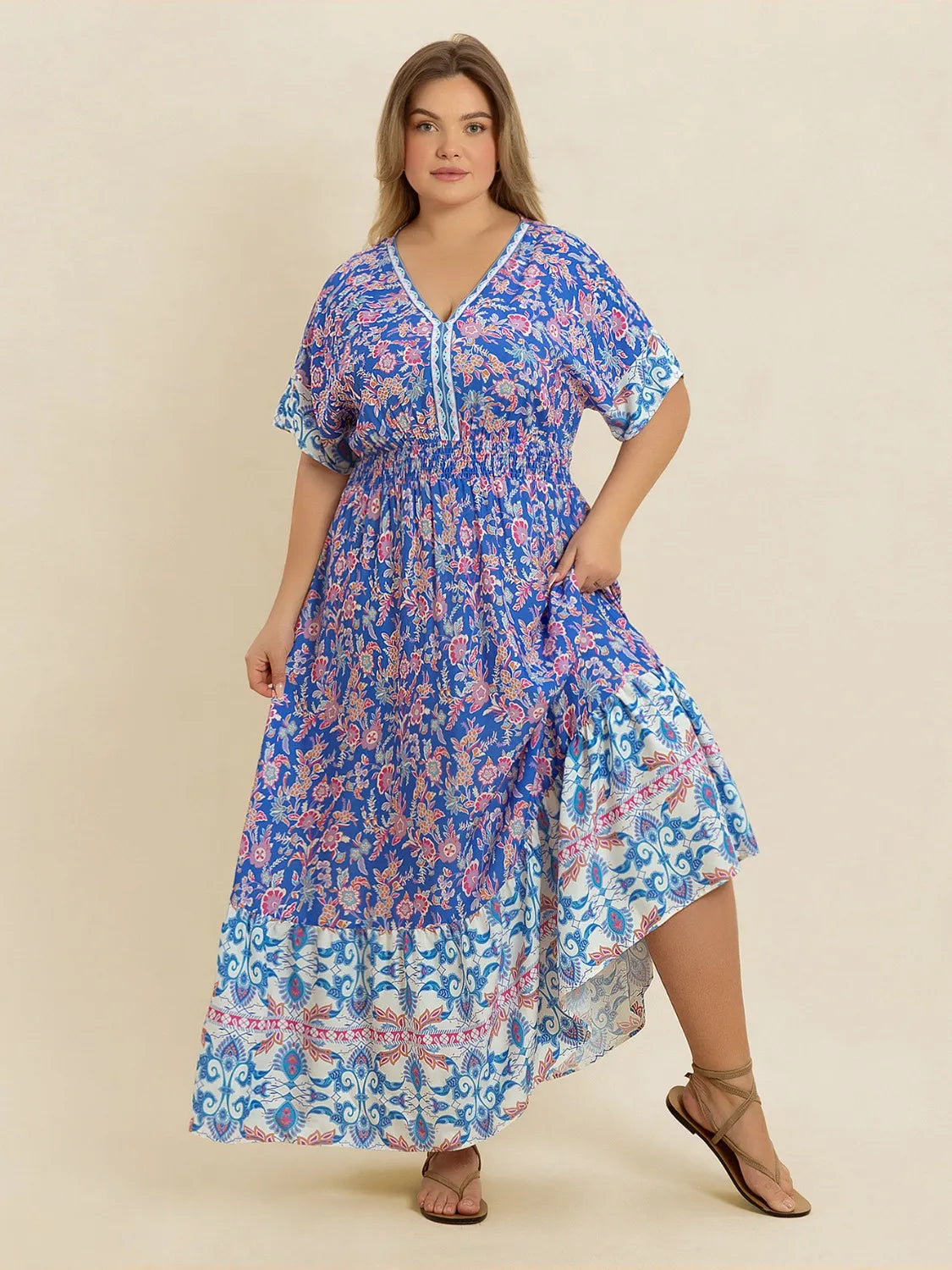 Plus Size Smocked Printed Half Sleeve Midi Dress.