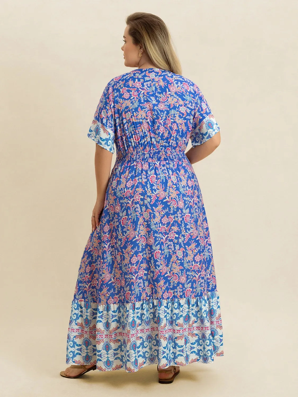 Plus Size Smocked Printed Half Sleeve Midi Dress.