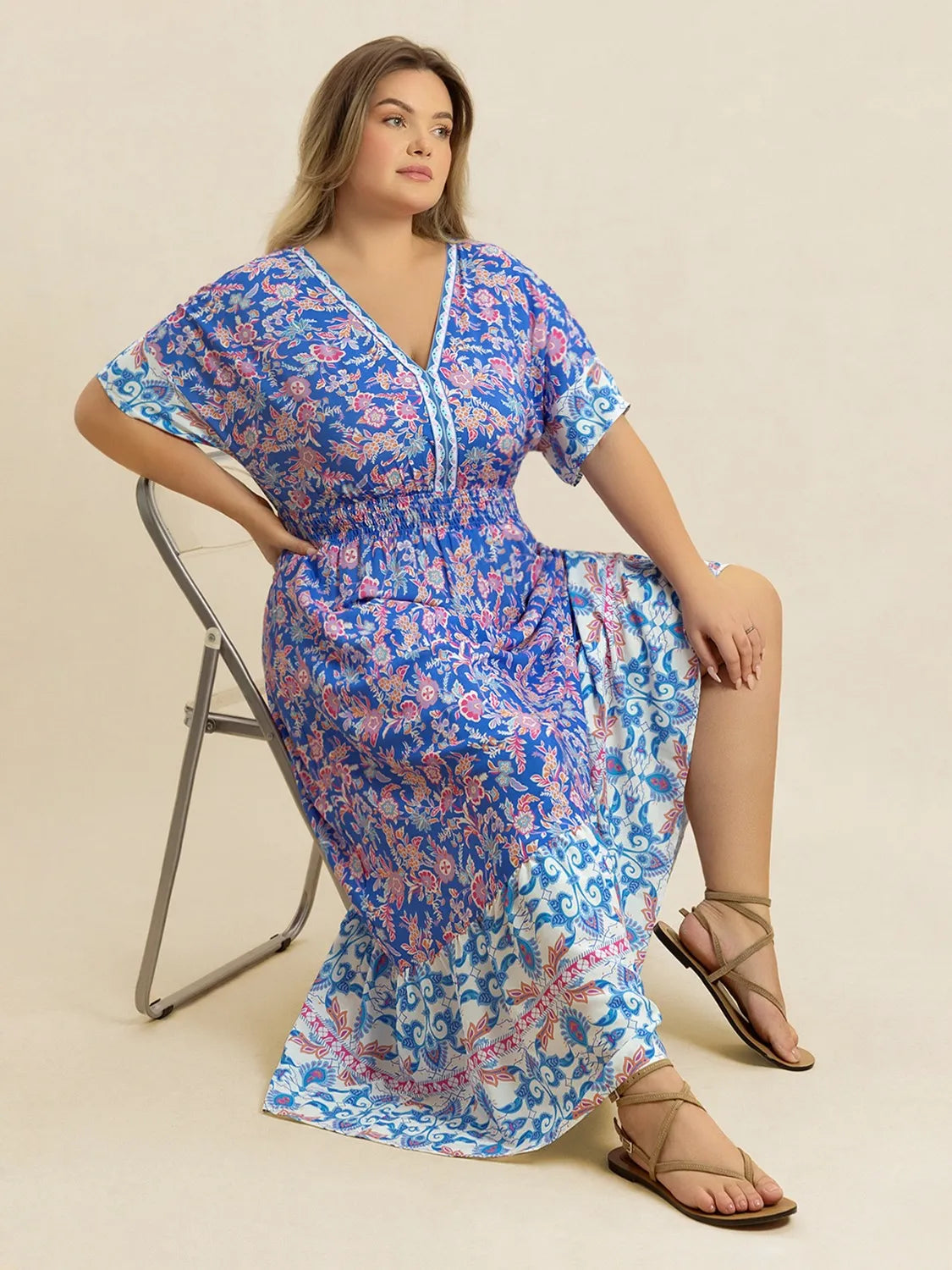 Plus Size Smocked Printed Half Sleeve Midi Dress.