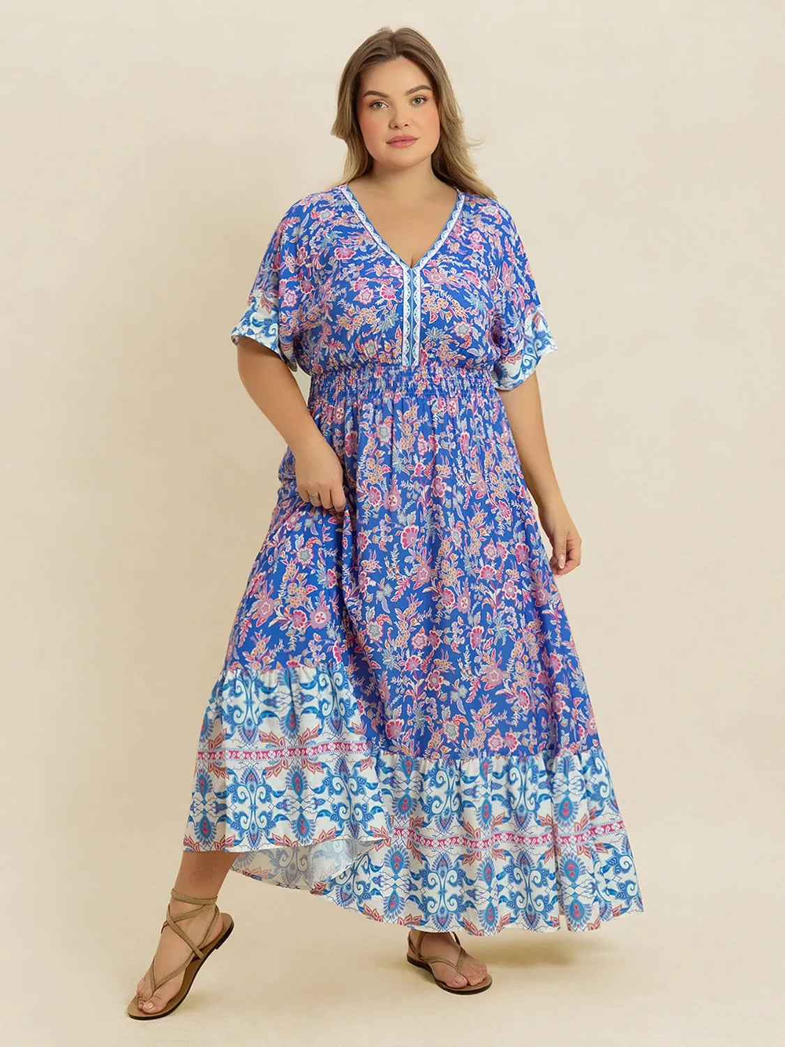 Plus Size Smocked Printed Half Sleeve Midi Dress.