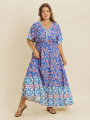 Plus Size Smocked Printed Half Sleeve Midi Dress.