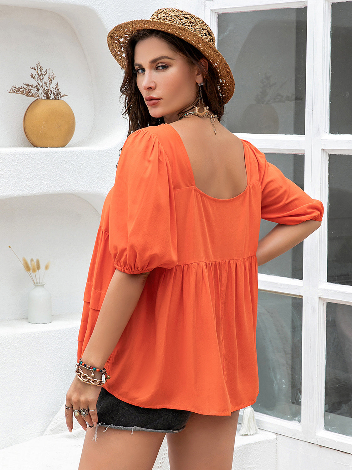 Plus Size Square Neck Half Sleeve Blouse with Ruched.