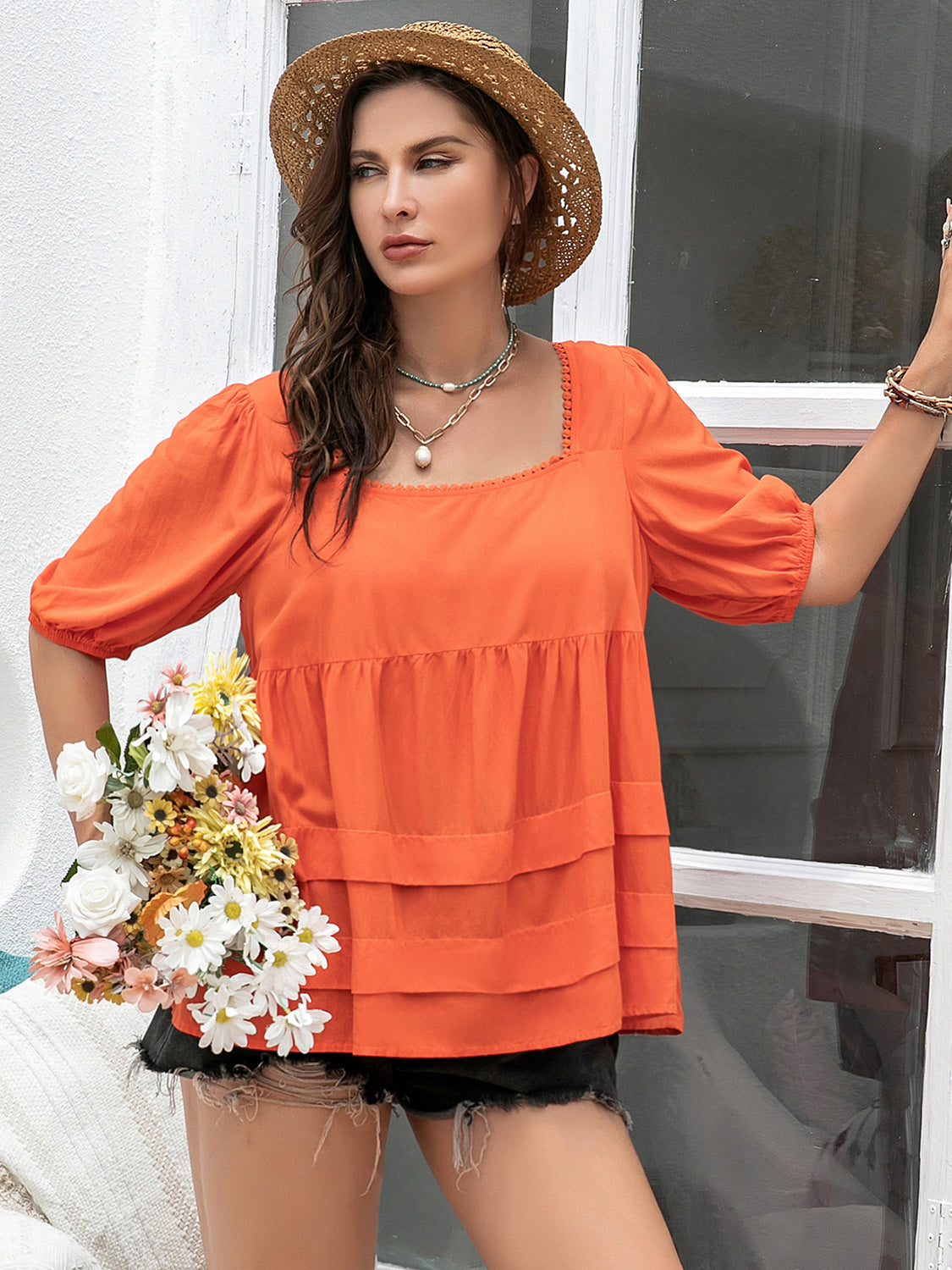 Plus Size Square Neck Half Sleeve Blouse with Ruched.