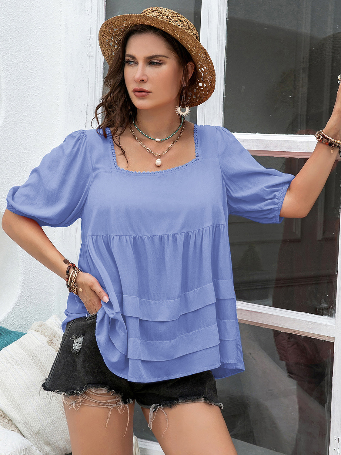 Plus Size Square Neck Half Sleeve Blouse with Ruched.