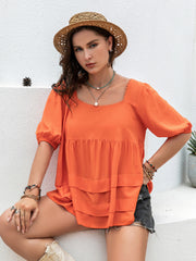 Plus Size Square Neck Half Sleeve Blouse with Ruched.