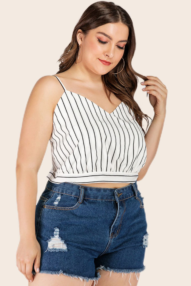 Plus size striped tie-back cropped cami with V-neck.