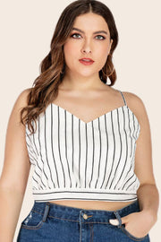 Plus size striped tie-back cropped cami with V-neck.