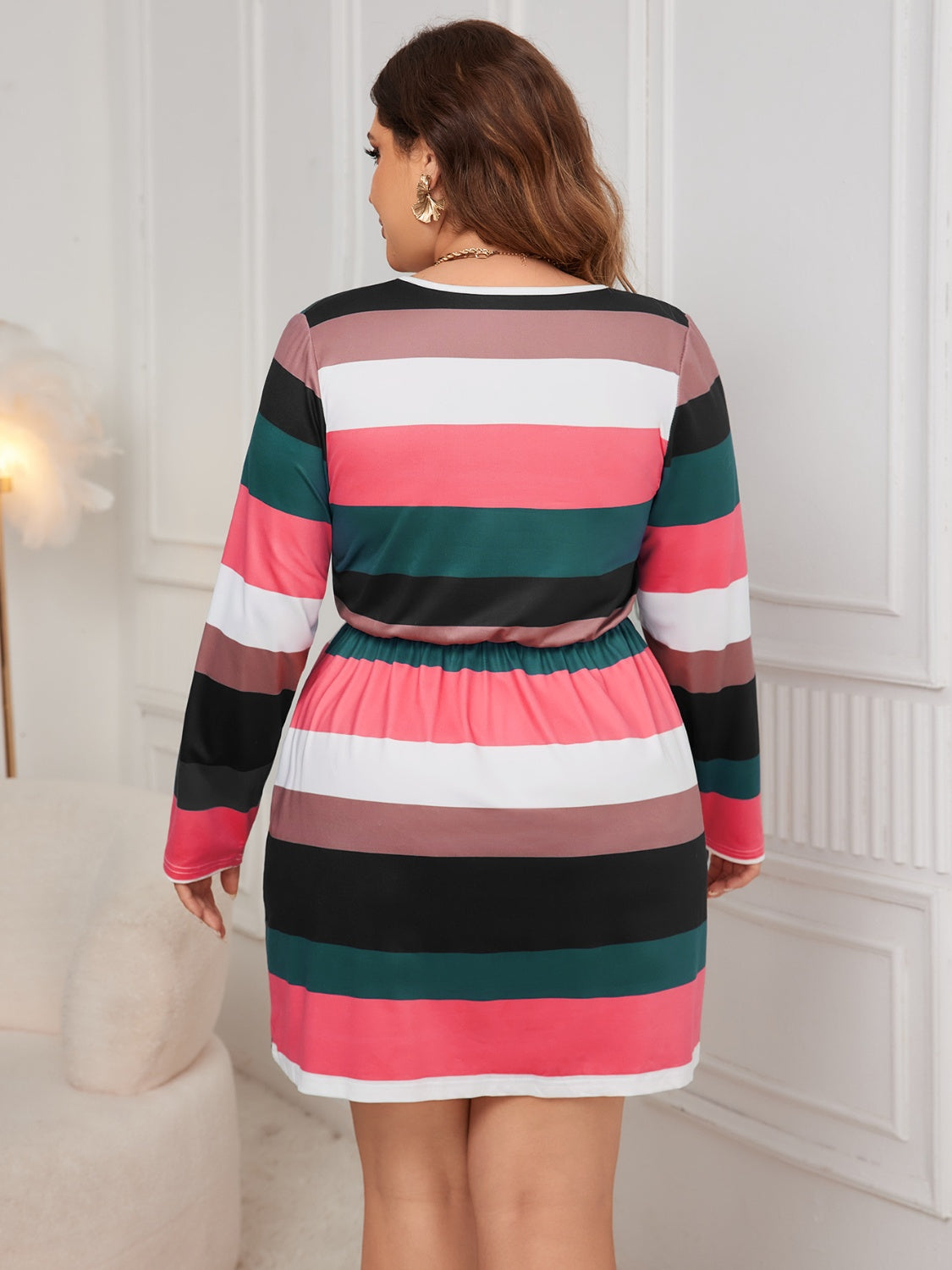 Honey Plus Size Striped V-Neck Long Sleeve Mini Dress.