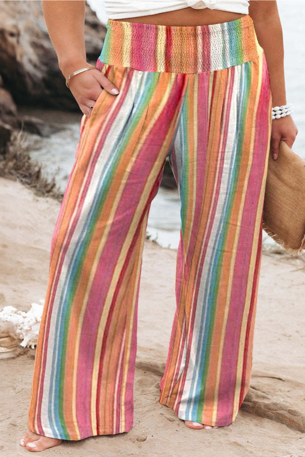 Plus size striped wide leg pants, opaque.