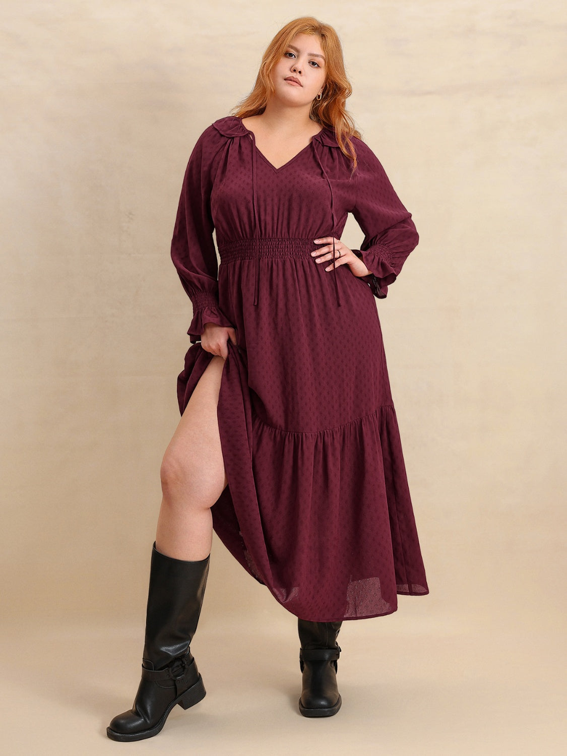 Plus Size Swiss Dot Tie Neck Flounce Sleeve Maxi Dress.