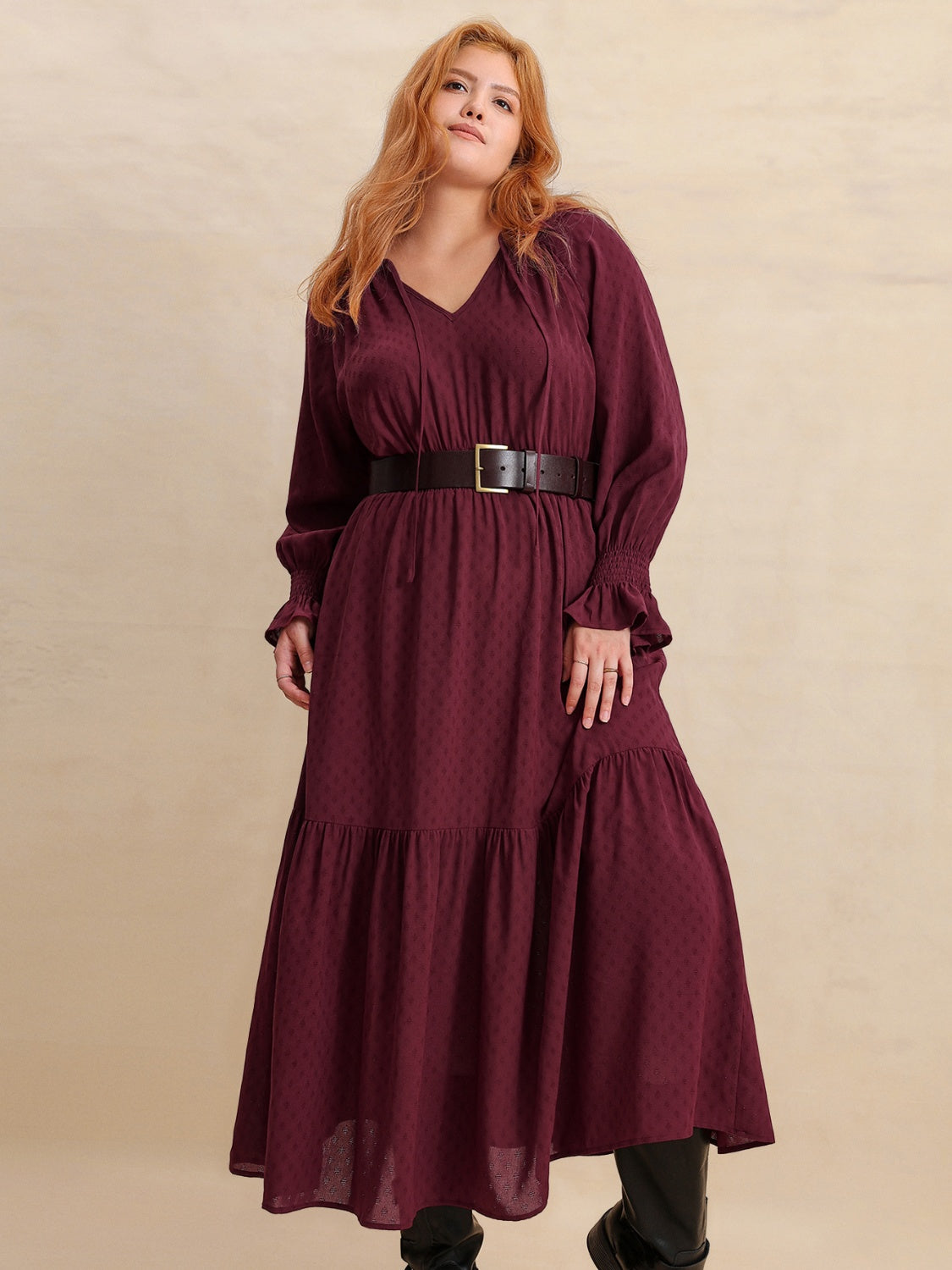 Plus Size Swiss Dot Tie Neck Flounce Sleeve Maxi Dress.