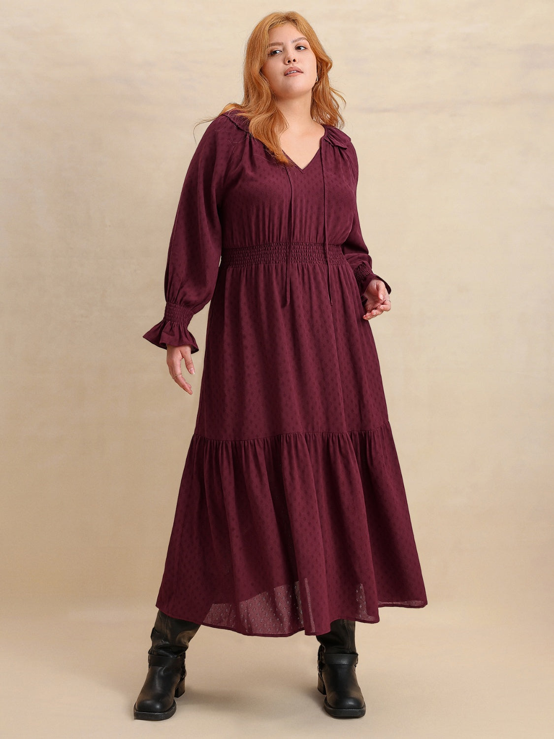 Plus Size Swiss Dot Tie Neck Flounce Sleeve Maxi Dress.