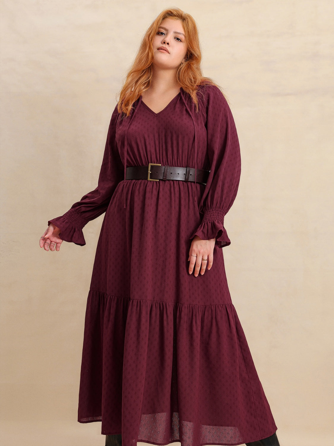 Plus Size Swiss Dot Tie Neck Flounce Sleeve Maxi Dress.