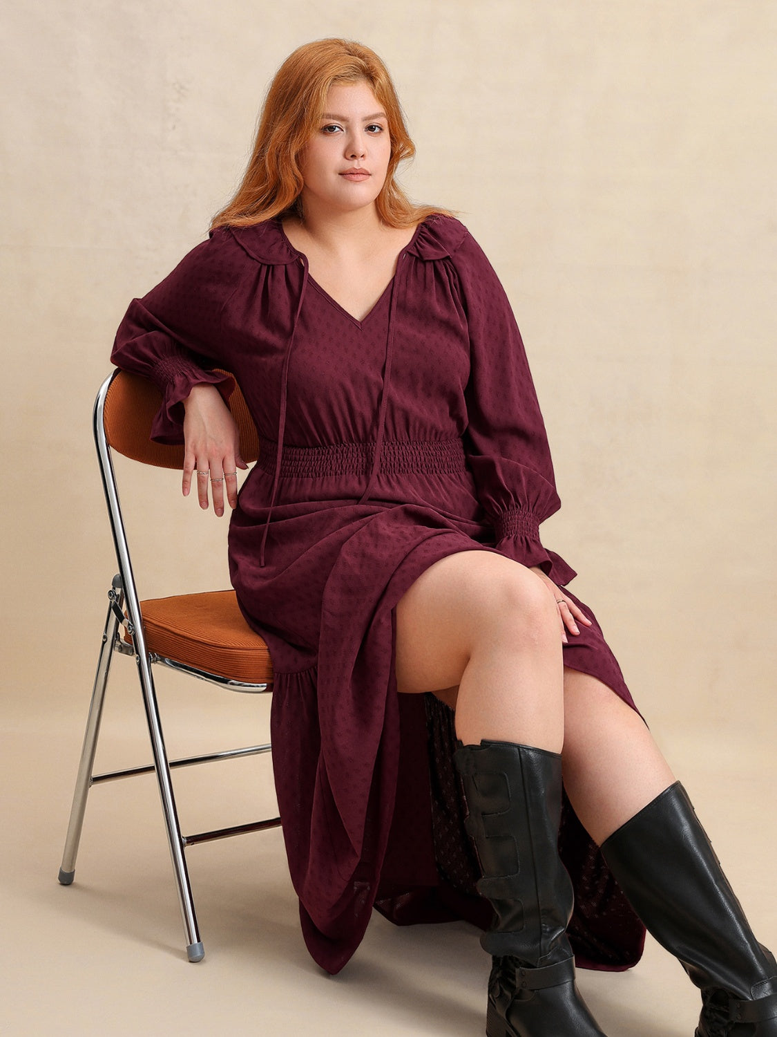 Plus Size Swiss Dot Tie Neck Flounce Sleeve Maxi Dress.