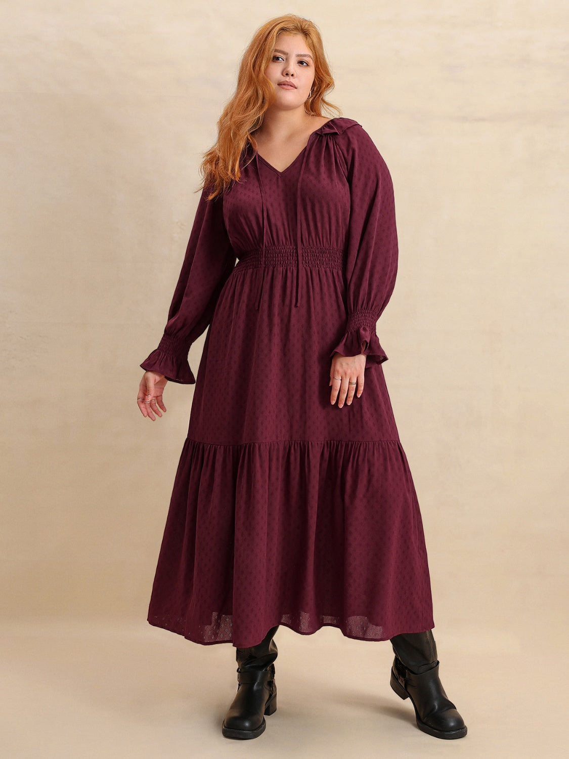 Plus Size Swiss Dot Tie Neck Flounce Sleeve Maxi Dress.