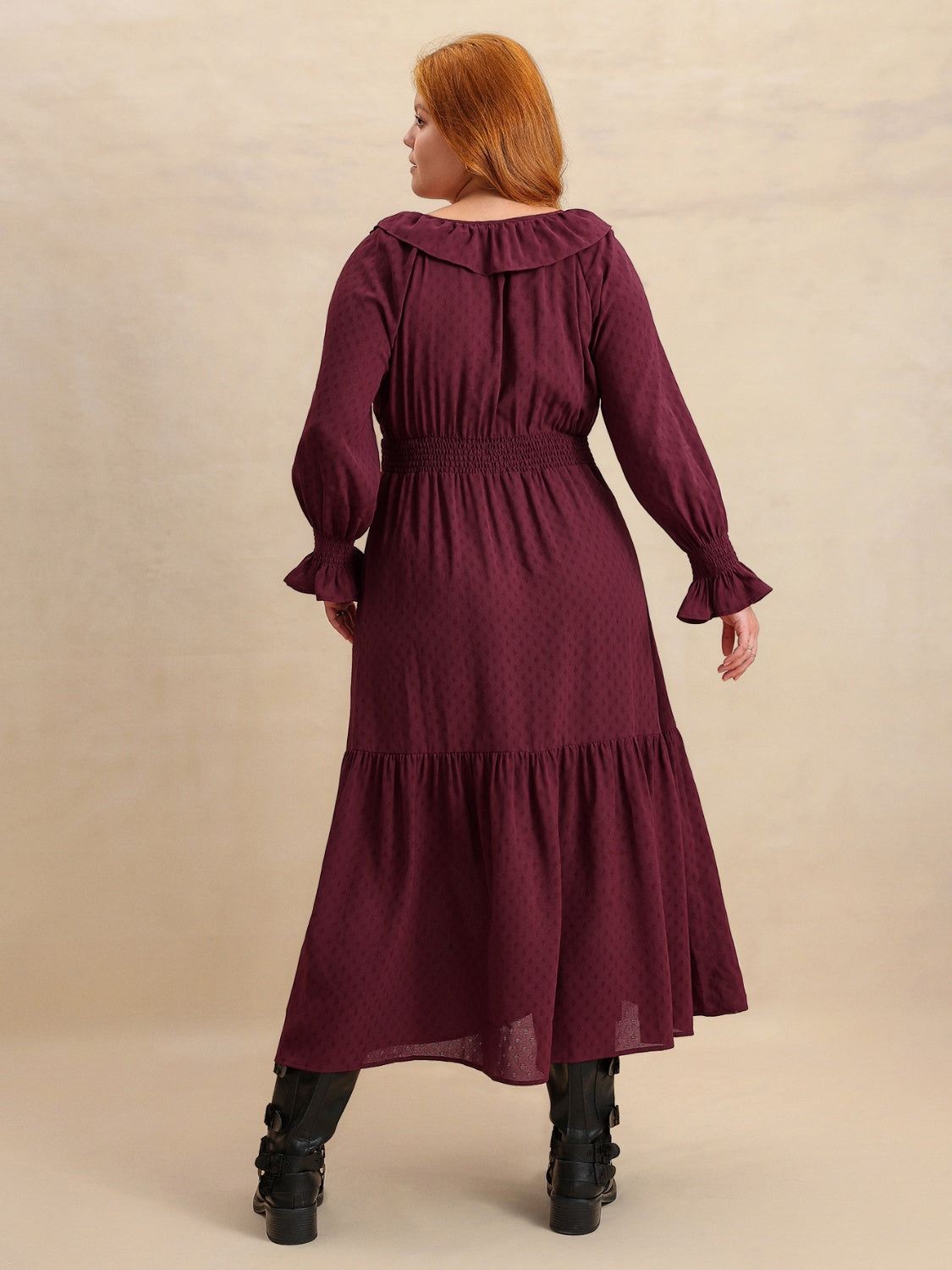 Plus Size Swiss Dot Tie Neck Flounce Sleeve Maxi Dress.