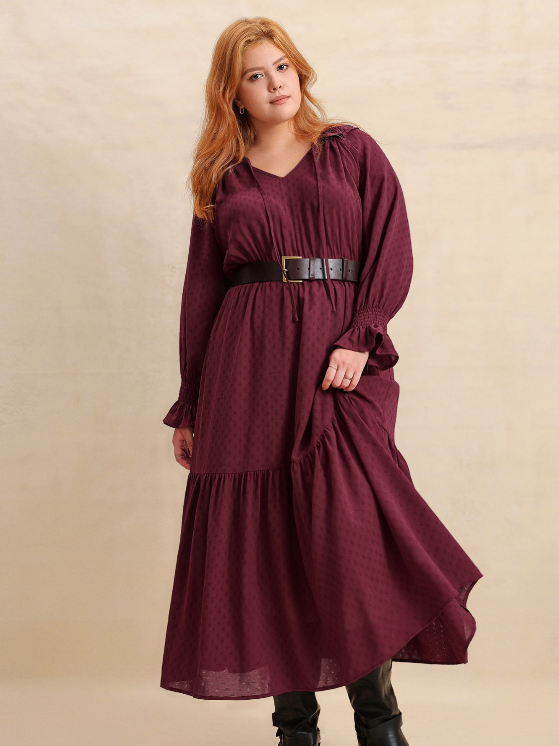 Plus Size Swiss Dot Tie Neck Flounce Sleeve Maxi Dress.