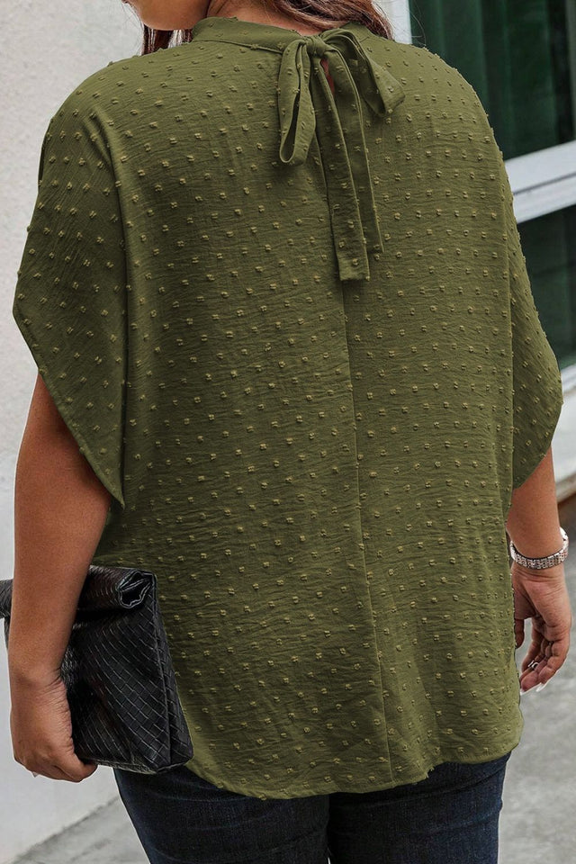 Plus Size Swiss Dot Tied Mock Neck Blouse with Tied.