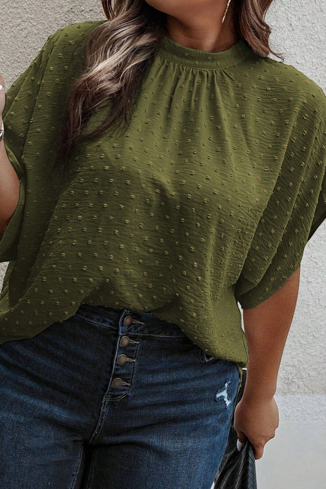 Plus Size Swiss Dot Tied Mock Neck Blouse with Tied.