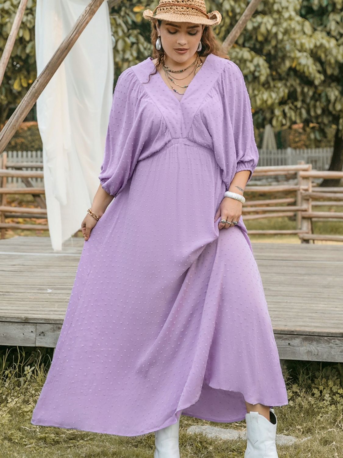 Plus Size Swiss Dot V-Neck Midi Dress.