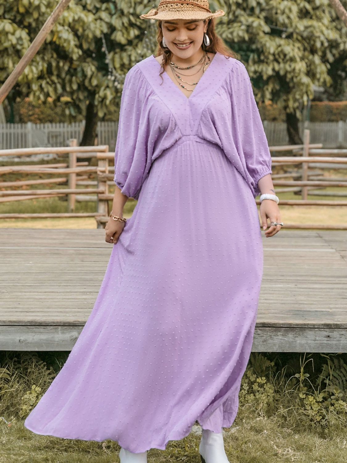 Plus Size Swiss Dot V-Neck Midi Dress.