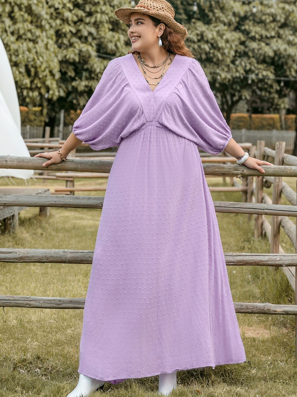 Plus Size Swiss Dot V-Neck Midi Dress.