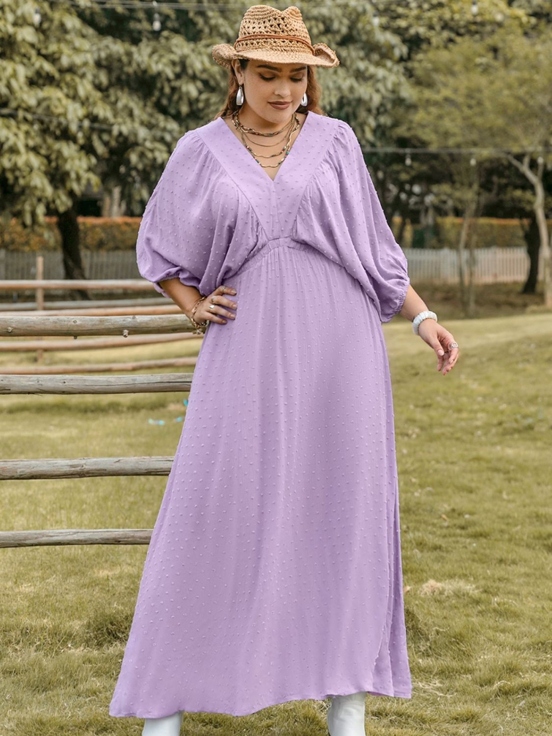 Plus Size Swiss Dot V-Neck Midi Dress.