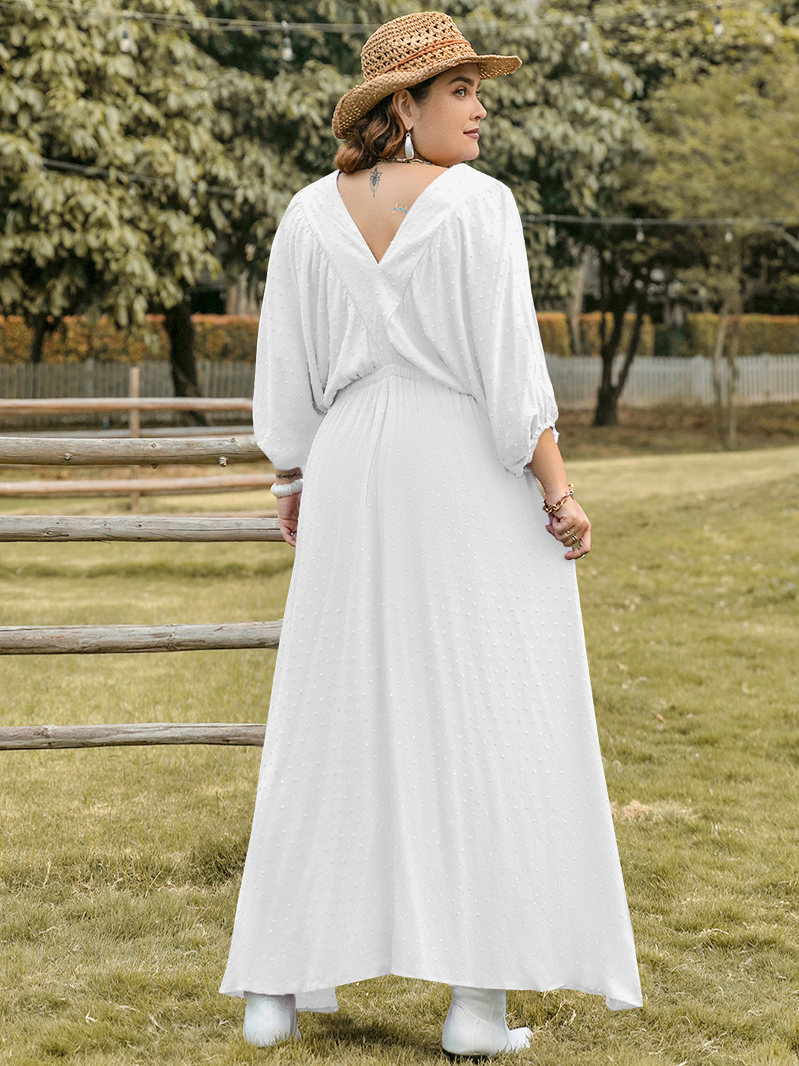 Plus Size Swiss Dot V-Neck Three-Quarter Sleeve Dress.